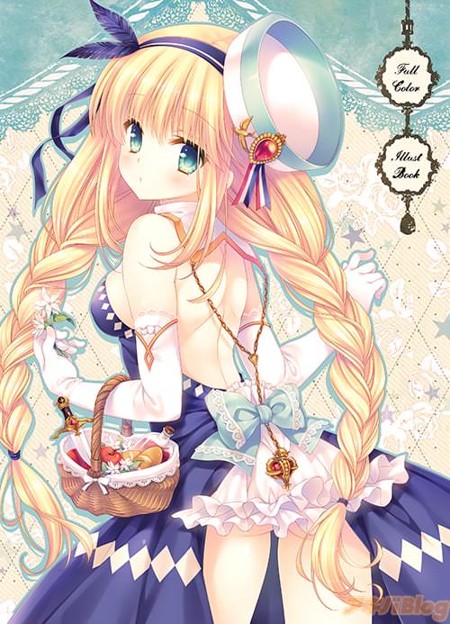 同人誌のイラストも収録。画像は「茉莉花色えほん」の表紙イラストです。後ろが開いたドレスからのぞく、背中とふとももがセクシーな1枚