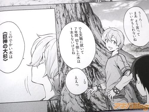 仮想世界《アンダーワールド》で出会ったユージオ 「天職に就いて7年間、切り倒した木は1本もないけどね。この木は《巨神の大杉》」
