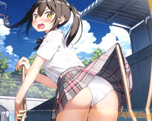 プール掃除中にスカートがめくれて白パンツが見えてる女の子