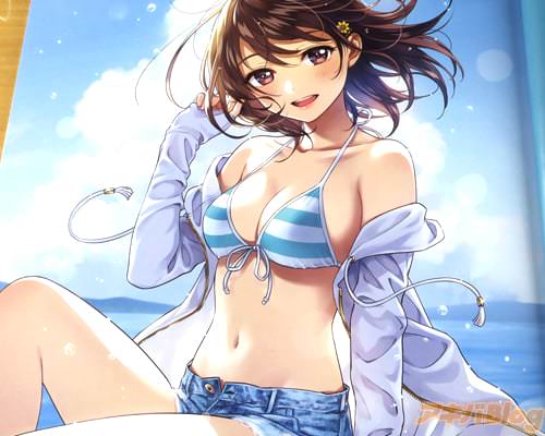 「さわやかな海風を楽しむ女の子。水着×ショートパンツ、好き!」